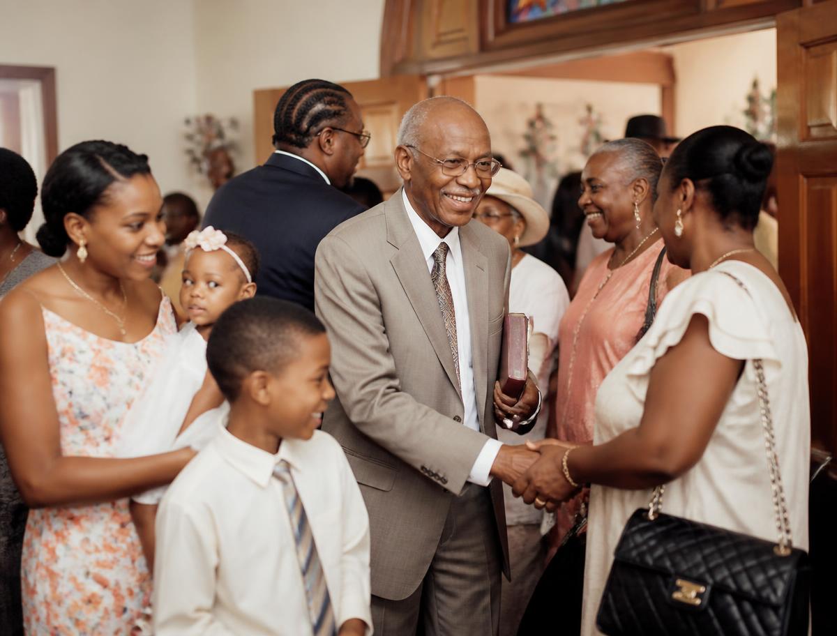 Families greeting one another warmly after a church service