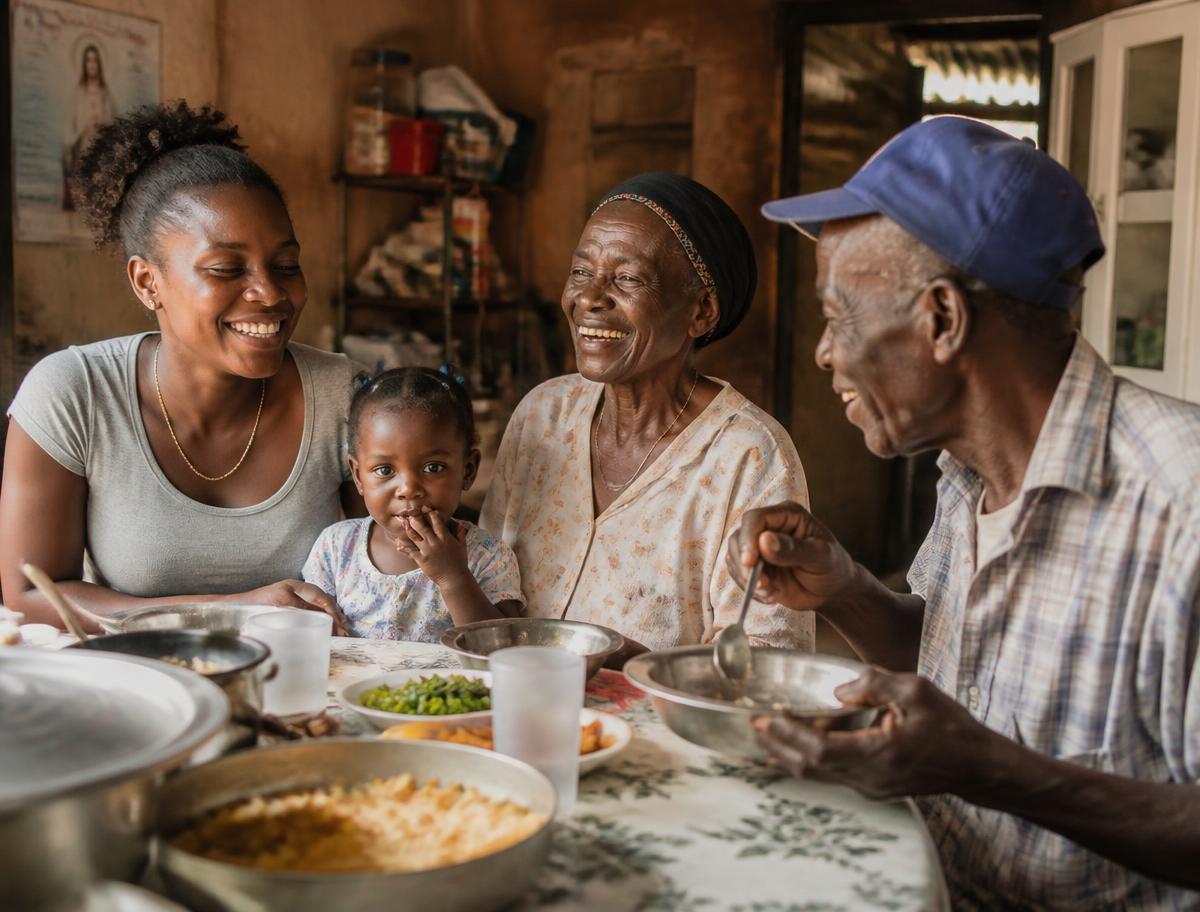 Three generations of a family sharing a home-cooked meal at the table