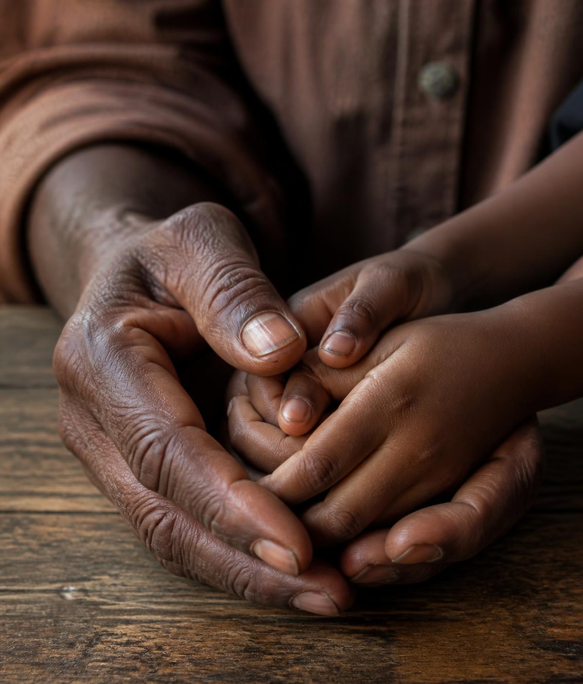 An elder's hands gently holding a young child's hands