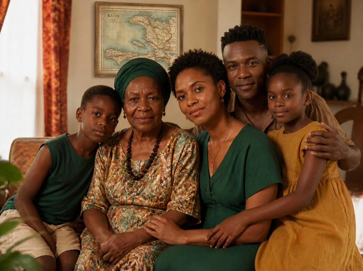 A grandmother, mother, and two children sitting together in a sunlit living room