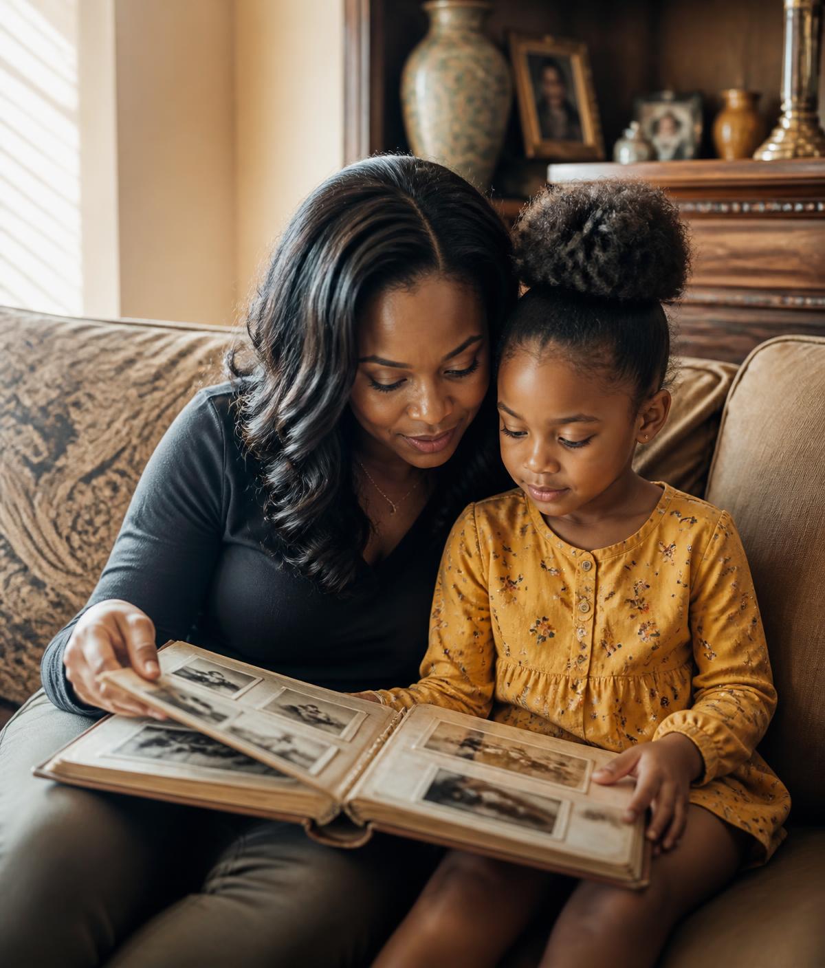 A mother and daughter looking through an old family photo album together